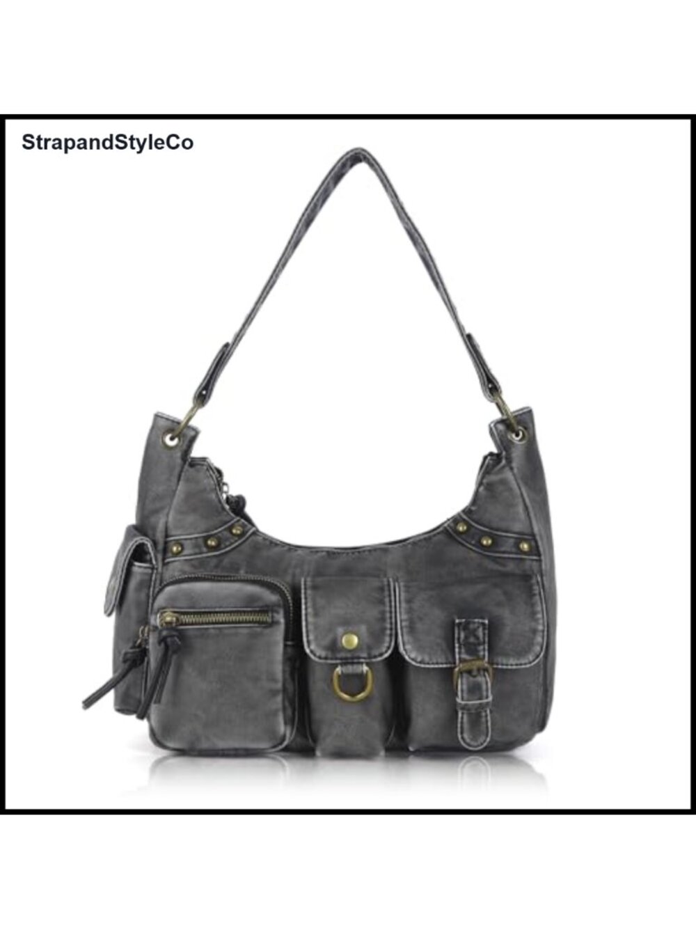 Vegan Leather Hobo Shoulder Bag Multi-Pocket Tote Crossbody Removable Strap